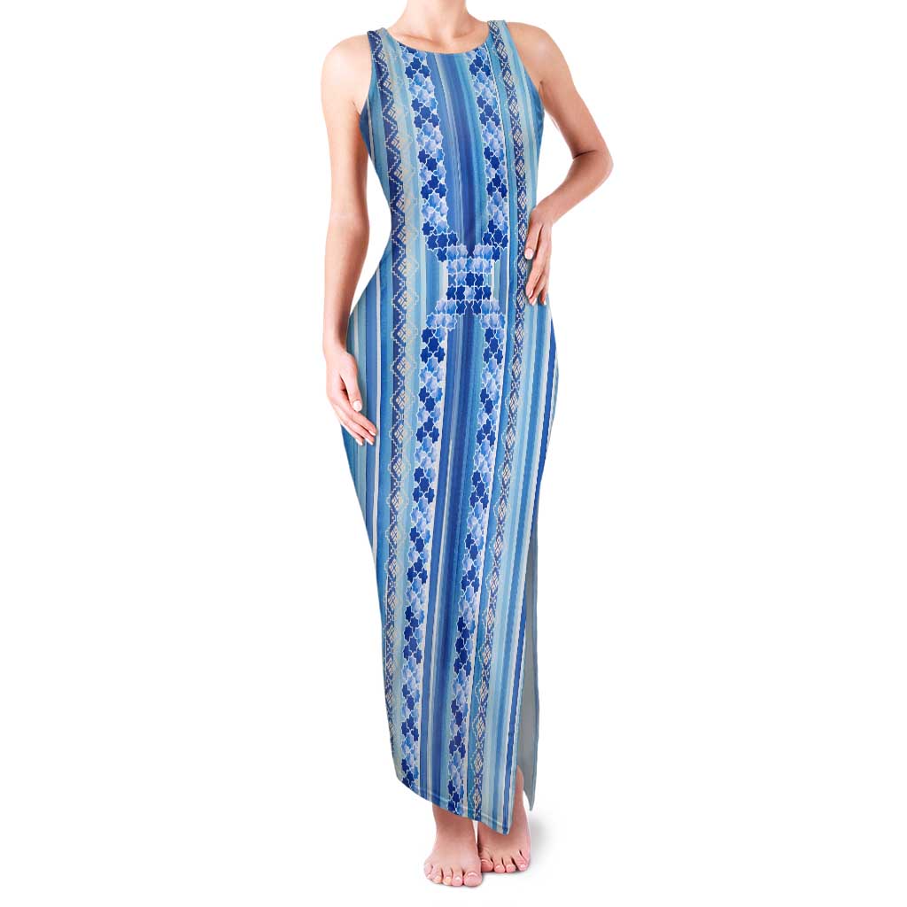Tunisian Mosaic Pattern Tank Maxi Dress with Blue Stripes and Traditional Tile Design