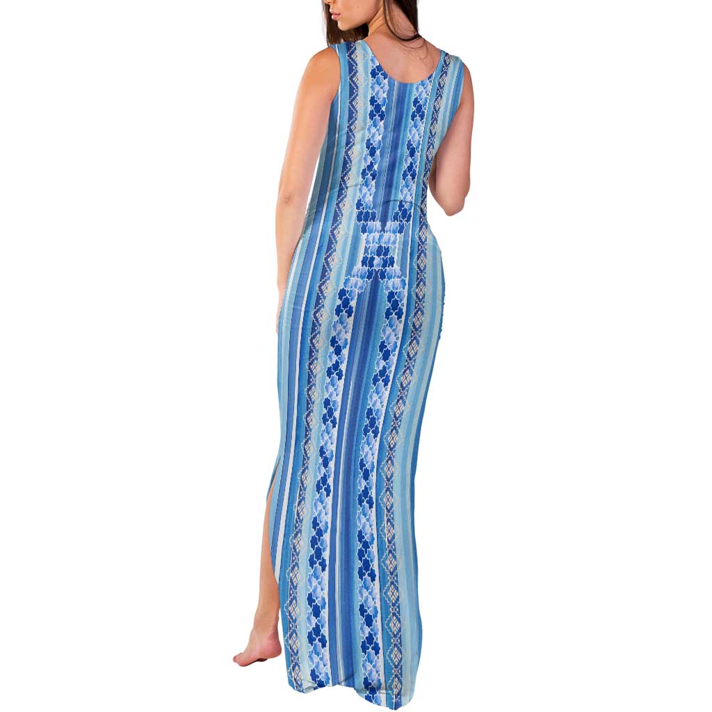 Tunisian Mosaic Pattern Tank Maxi Dress with Blue Stripes and Traditional Tile Design