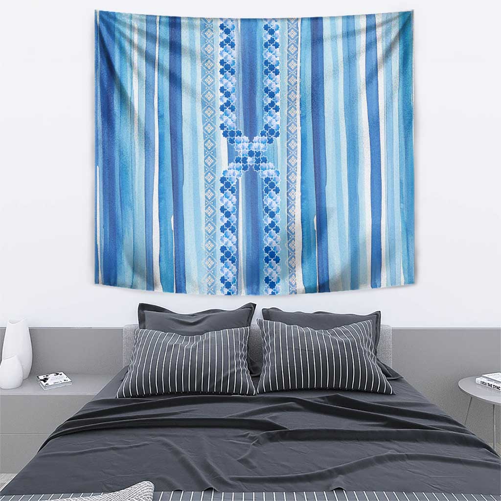 Tunisian Mosaic Pattern Tapestry with Blue Stripes and Traditional Tile Design
