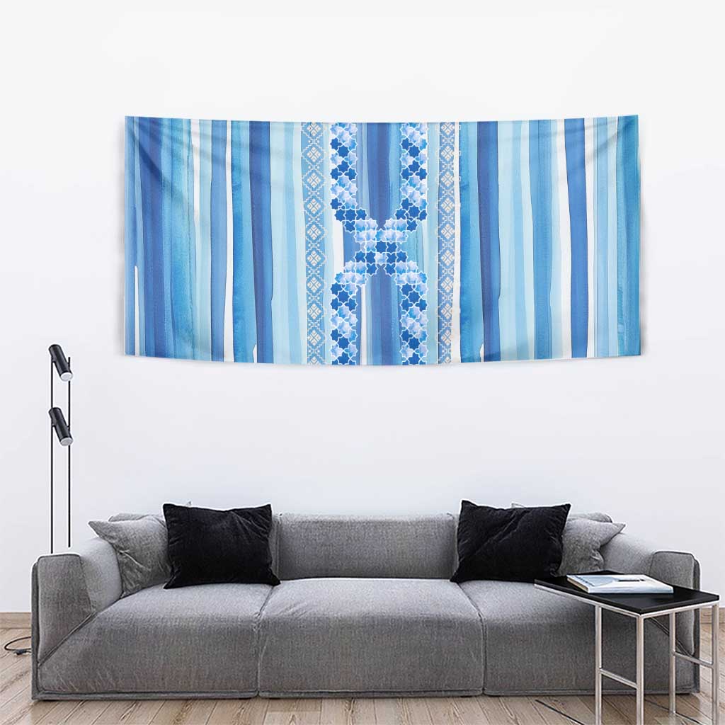 Tunisian Mosaic Pattern Tapestry with Blue Stripes and Traditional Tile Design