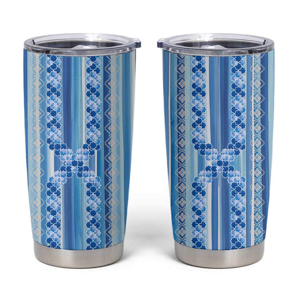 Tunisian Mosaic Pattern Tumbler Cup with Blue Stripes and Traditional Tile Design