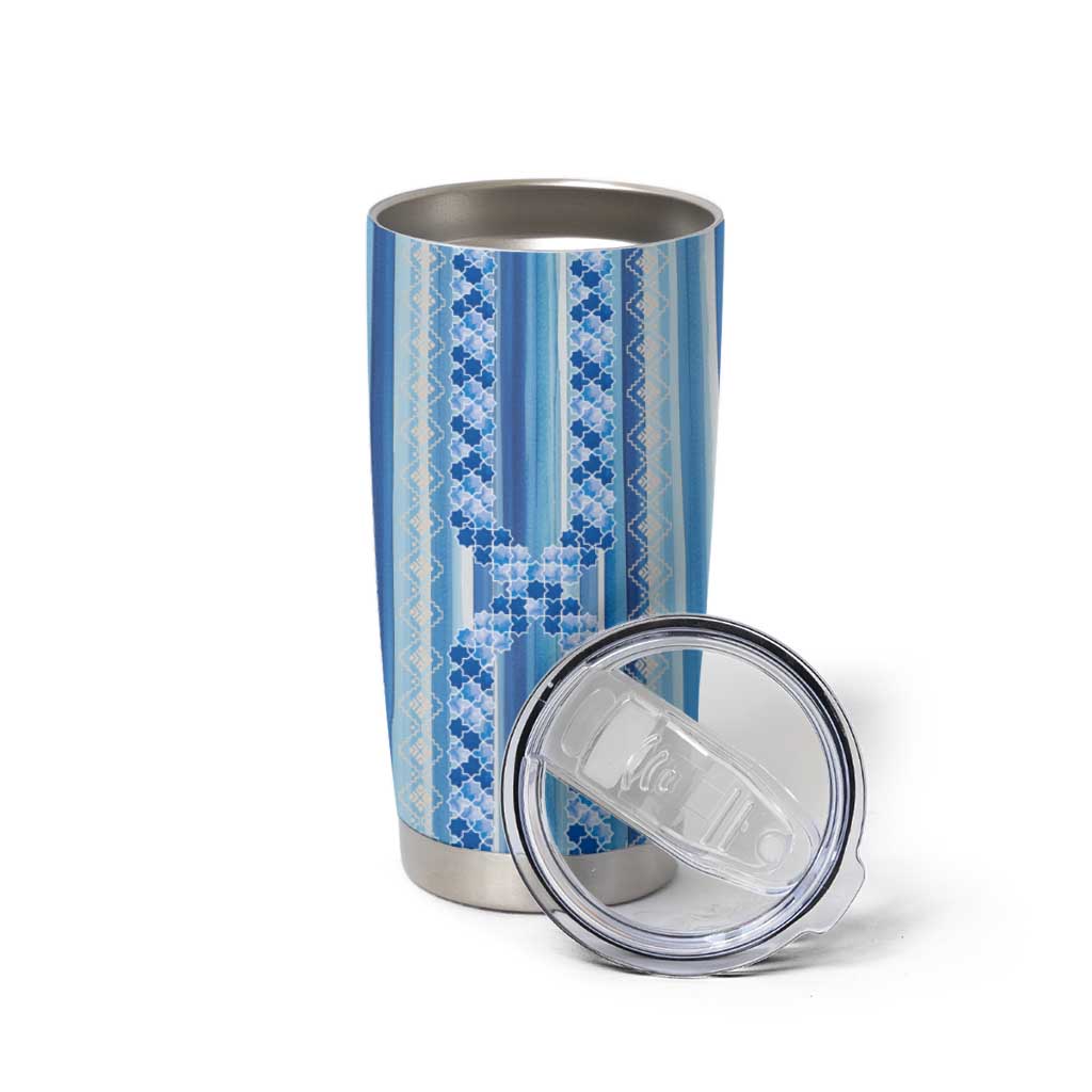 Tunisian Mosaic Pattern Tumbler Cup with Blue Stripes and Traditional Tile Design