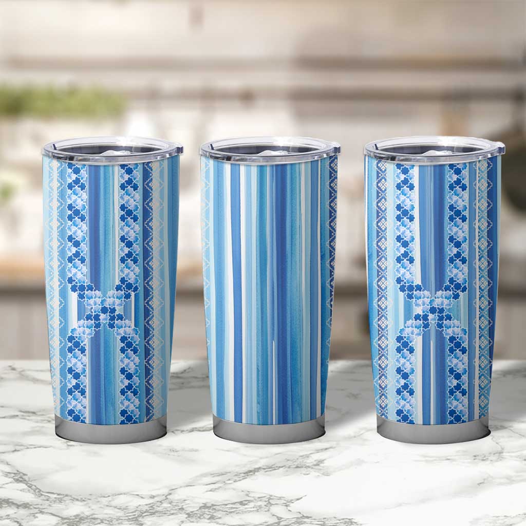 Tunisian Mosaic Pattern Tumbler Cup with Blue Stripes and Traditional Tile Design