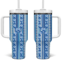 Tunisian Mosaic Pattern Tumbler With Handle with Blue Stripes and Traditional Tile Design