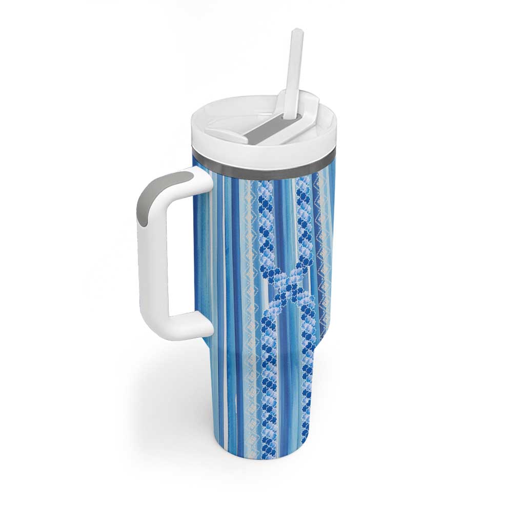 Tunisian Mosaic Pattern Tumbler With Handle with Blue Stripes and Traditional Tile Design