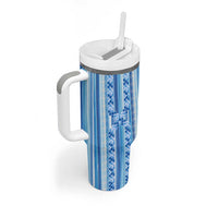 Tunisian Mosaic Pattern Tumbler With Handle with Blue Stripes and Traditional Tile Design