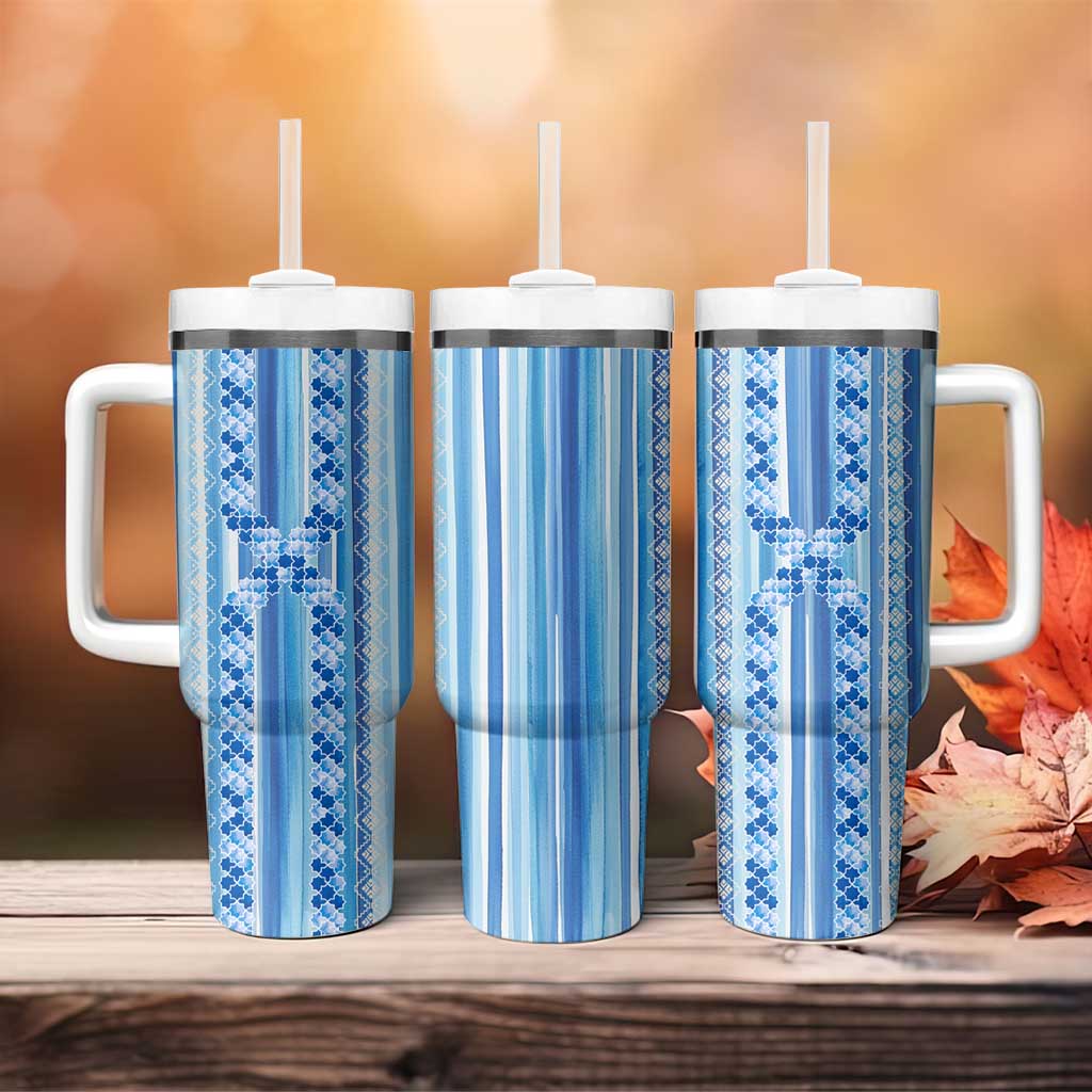Tunisian Mosaic Pattern Tumbler With Handle with Blue Stripes and Traditional Tile Design