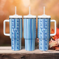 Tunisian Mosaic Pattern Tumbler With Handle with Blue Stripes and Traditional Tile Design