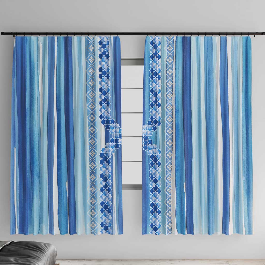 Tunisian Mosaic Pattern Window Curtain with Blue Stripes and Traditional Tile Design