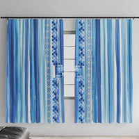 Tunisian Mosaic Pattern Window Curtain with Blue Stripes and Traditional Tile Design