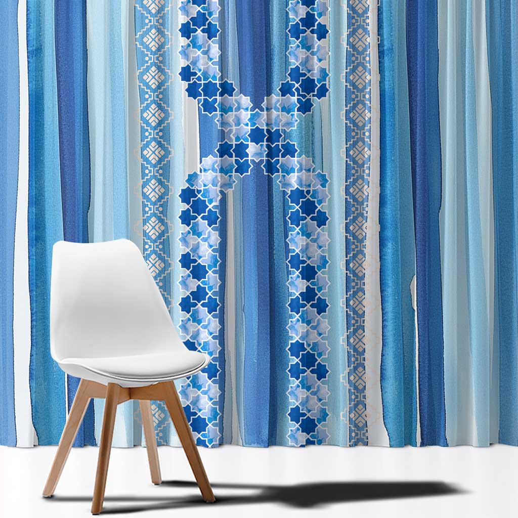 Tunisian Mosaic Pattern Window Curtain with Blue Stripes and Traditional Tile Design