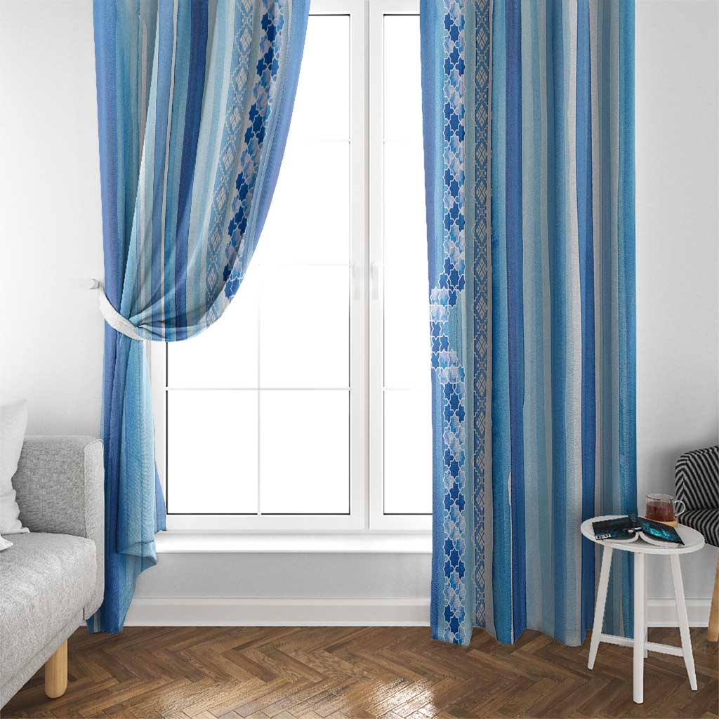 Tunisian Mosaic Pattern Window Curtain with Blue Stripes and Traditional Tile Design