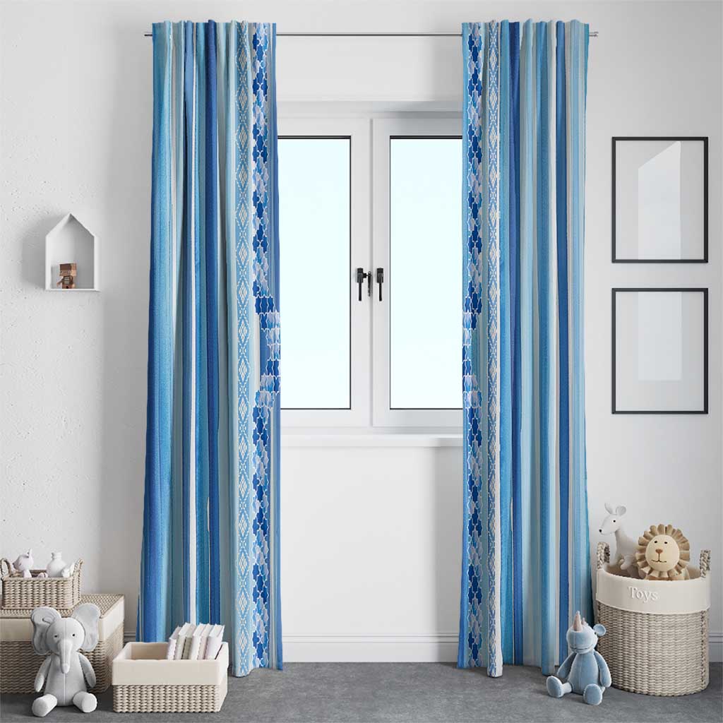 Tunisian Mosaic Pattern Window Curtain with Blue Stripes and Traditional Tile Design
