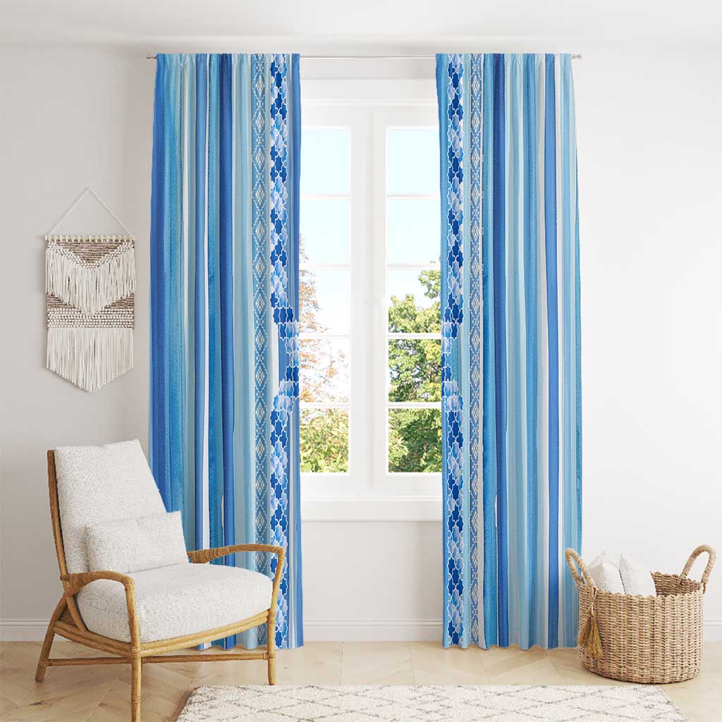 Tunisian Mosaic Pattern Window Curtain with Blue Stripes and Traditional Tile Design