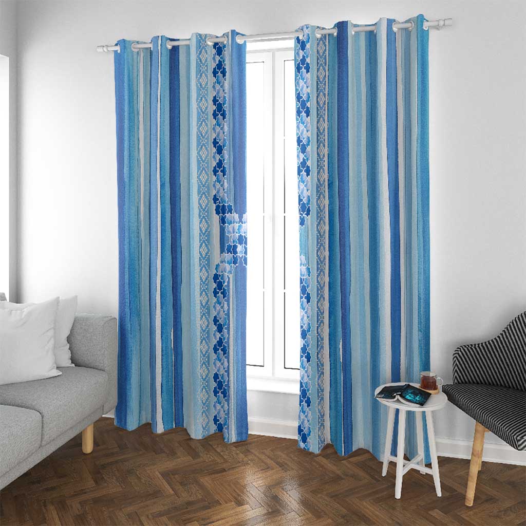 Tunisian Mosaic Pattern Window Curtain with Blue Stripes and Traditional Tile Design