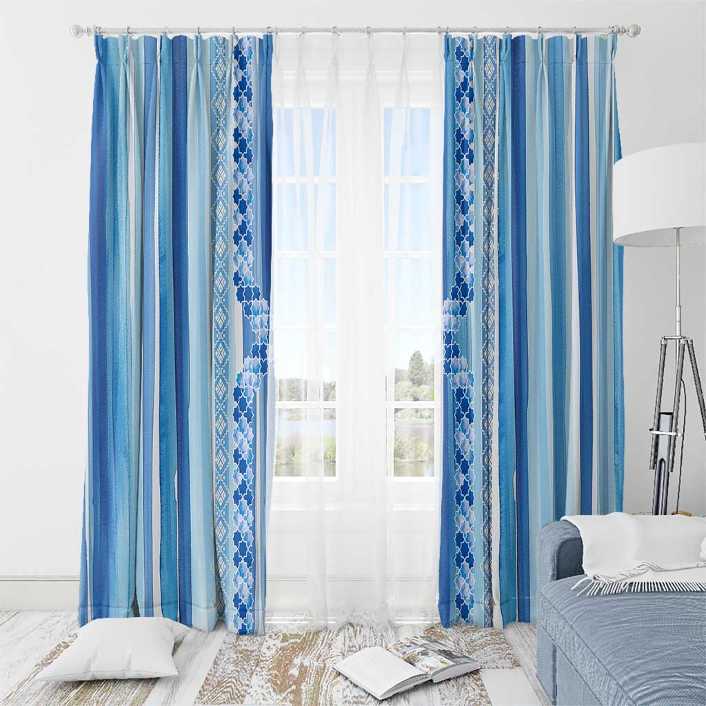 Tunisian Mosaic Pattern Window Curtain with Blue Stripes and Traditional Tile Design