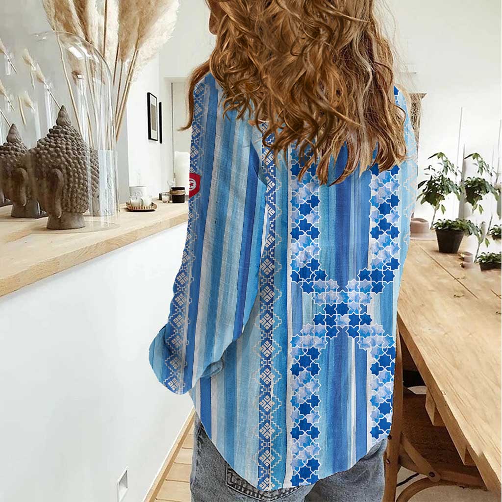 Tunisian Mosaic Pattern Women Casual Shirt with Blue Stripes and Traditional Tile Design