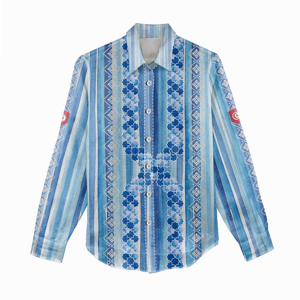 Tunisian Mosaic Pattern Women Casual Shirt with Blue Stripes and Traditional Tile Design
