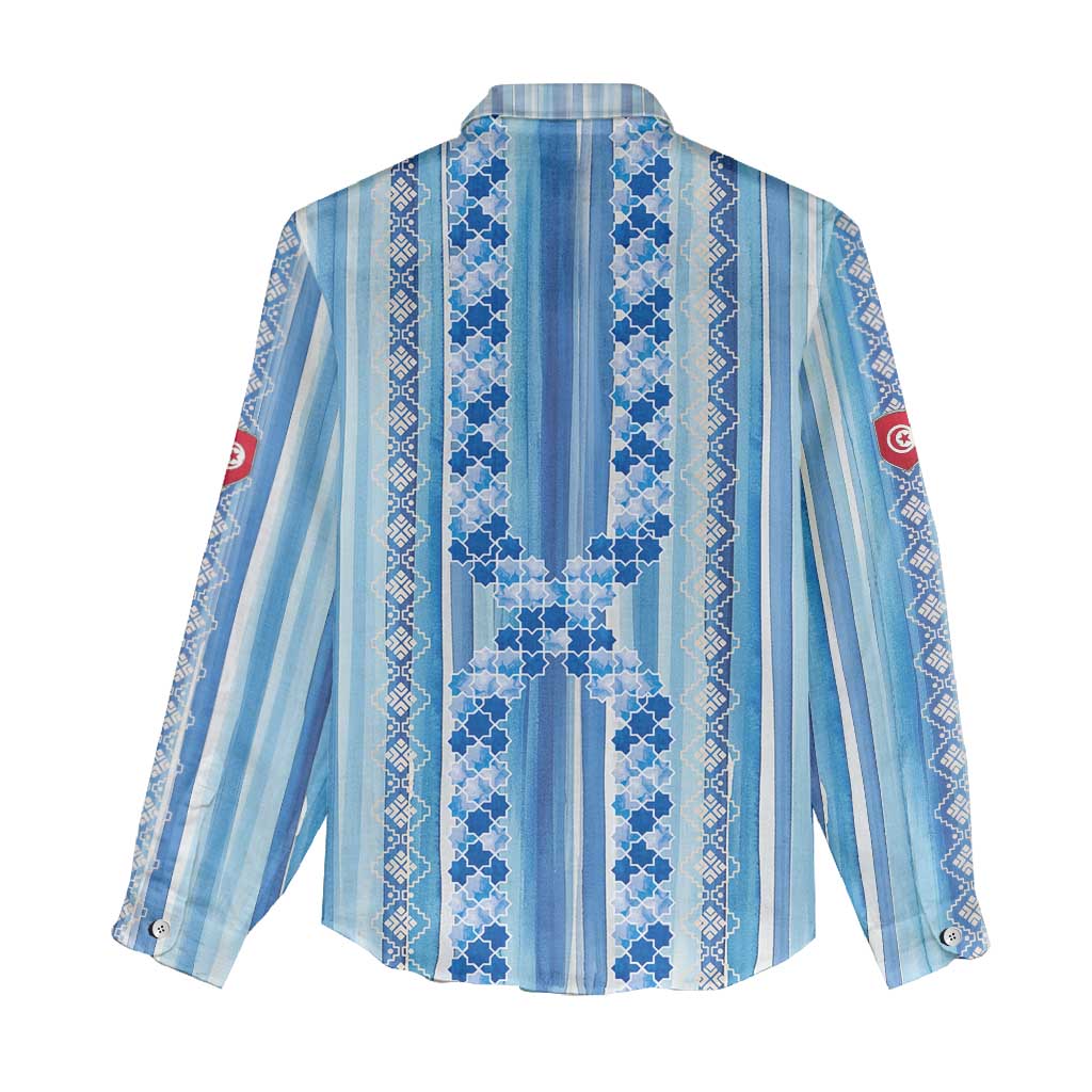 Tunisian Mosaic Pattern Women Casual Shirt with Blue Stripes and Traditional Tile Design