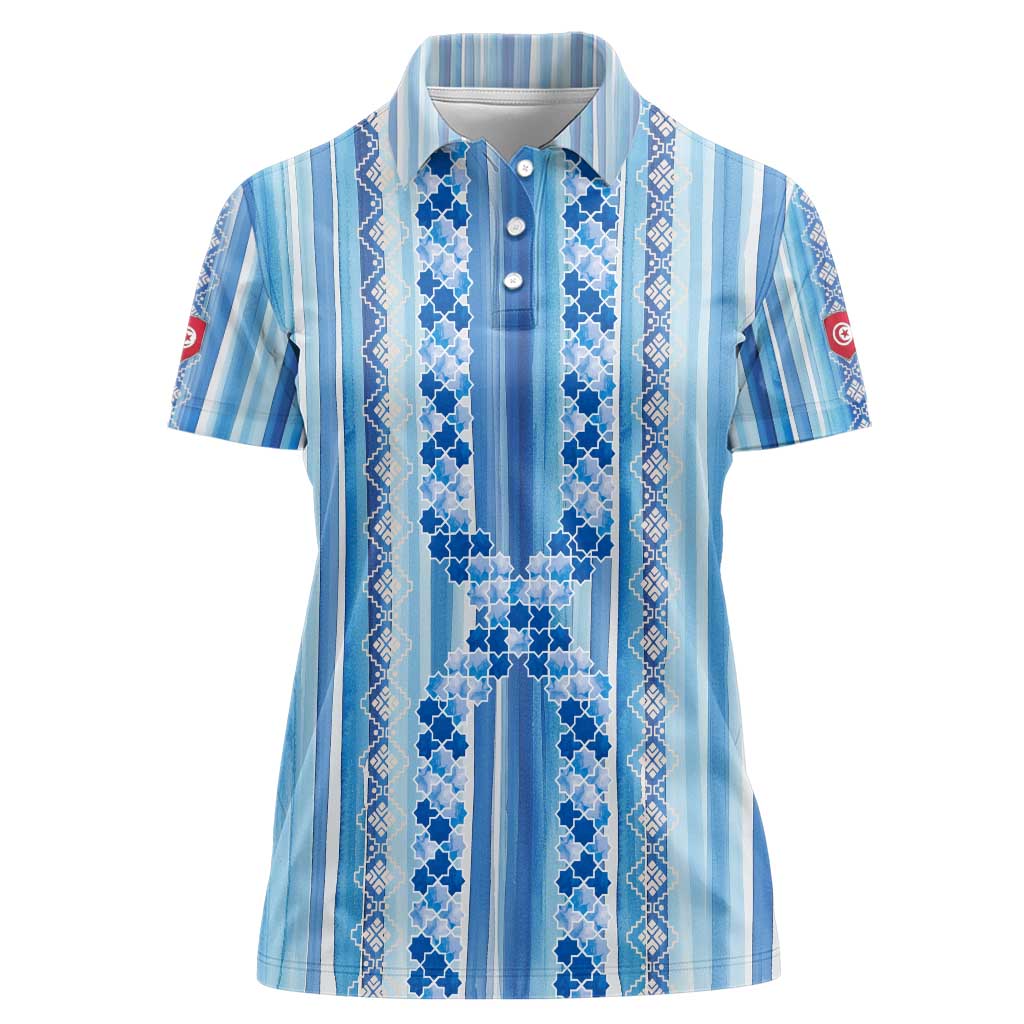 Tunisian Mosaic Pattern Women Polo Shirt with Blue Stripes and Traditional Tile Design