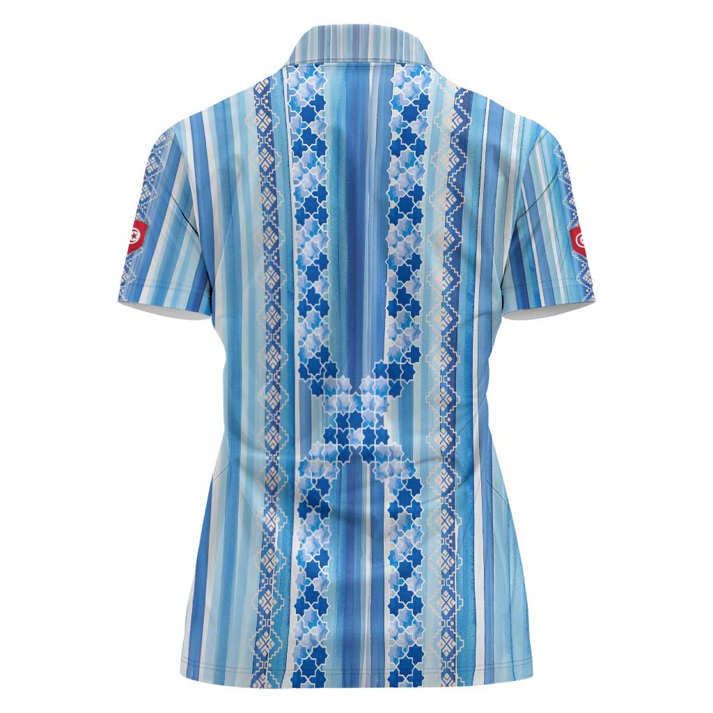 Tunisian Mosaic Pattern Women Polo Shirt with Blue Stripes and Traditional Tile Design