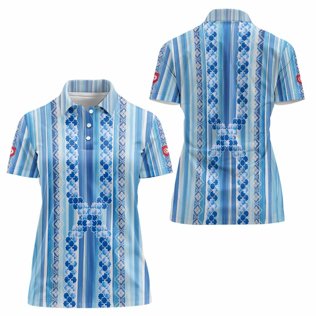 Tunisian Mosaic Pattern Women Polo Shirt with Blue Stripes and Traditional Tile Design