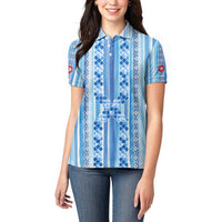 Tunisian Mosaic Pattern Women Polo Shirt with Blue Stripes and Traditional Tile Design
