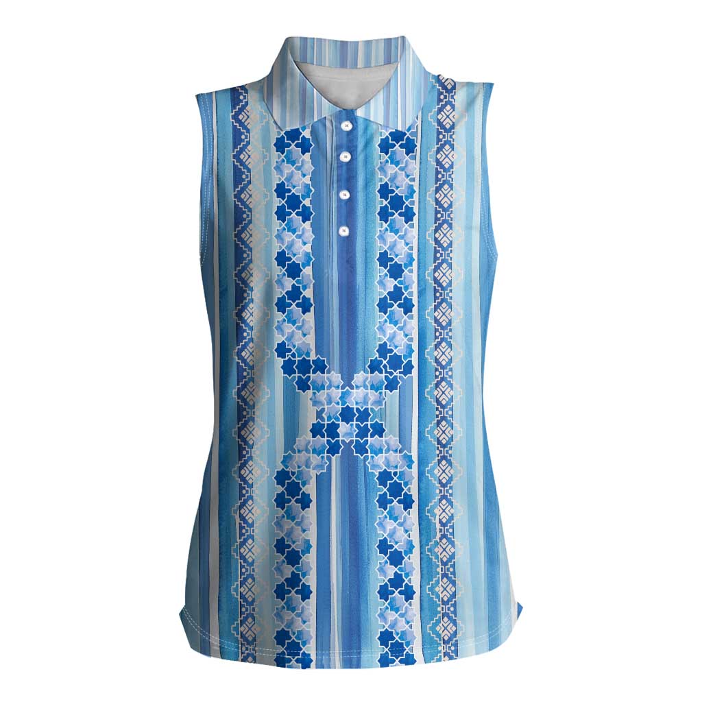 Tunisian Mosaic Pattern Women Sleeveless Polo Shirt with Blue Stripes and Traditional Tile Design