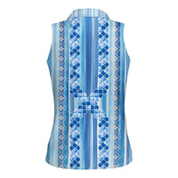 Tunisian Mosaic Pattern Women Sleeveless Polo Shirt with Blue Stripes and Traditional Tile Design