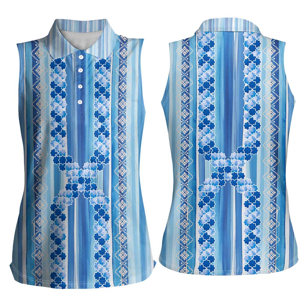 Tunisian Mosaic Pattern Women Sleeveless Polo Shirt with Blue Stripes and Traditional Tile Design