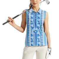 Tunisian Mosaic Pattern Women Sleeveless Polo Shirt with Blue Stripes and Traditional Tile Design
