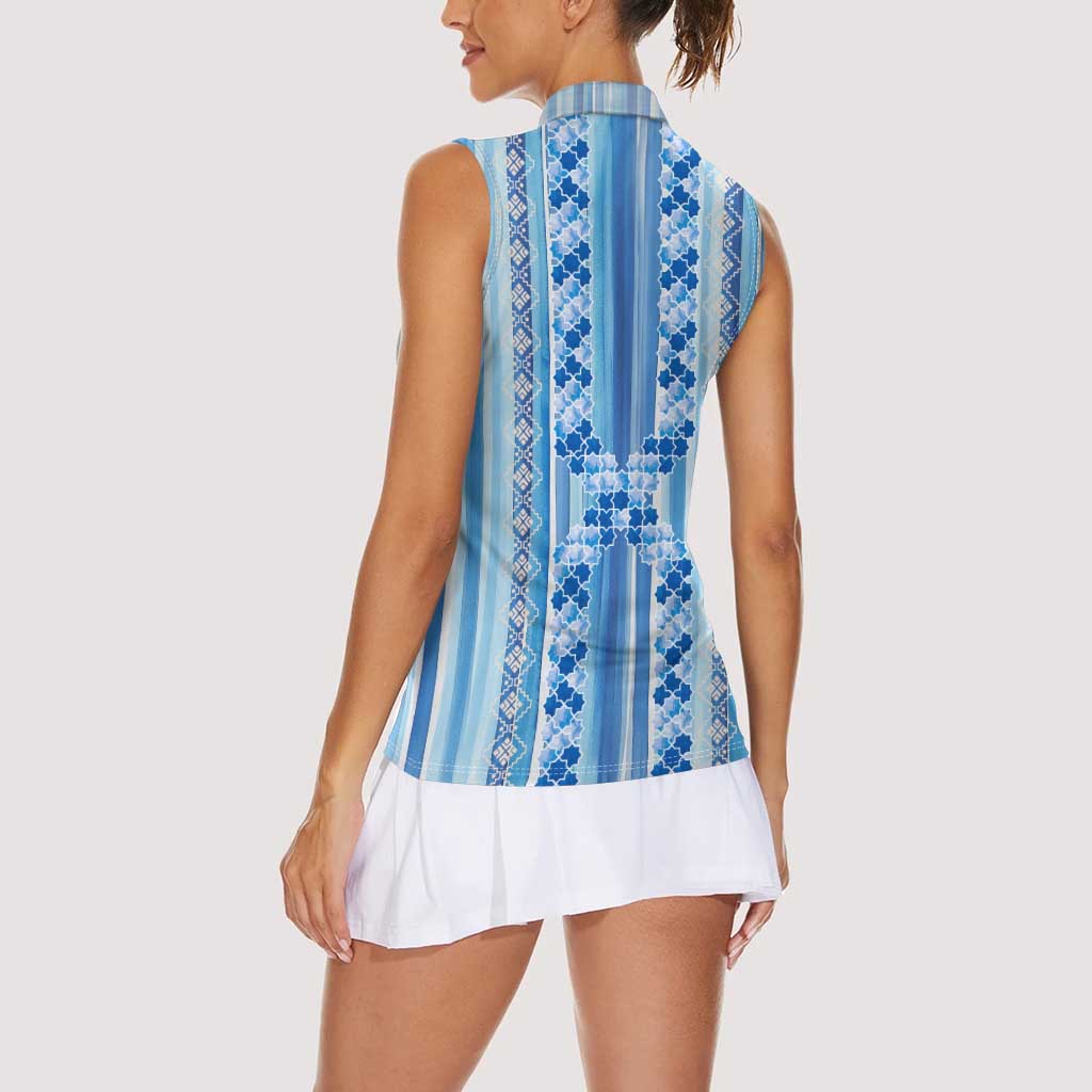Tunisian Mosaic Pattern Women Sleeveless Polo Shirt with Blue Stripes and Traditional Tile Design