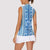 Tunisian Mosaic Pattern Women Sleeveless Polo Shirt with Blue Stripes and Traditional Tile Design