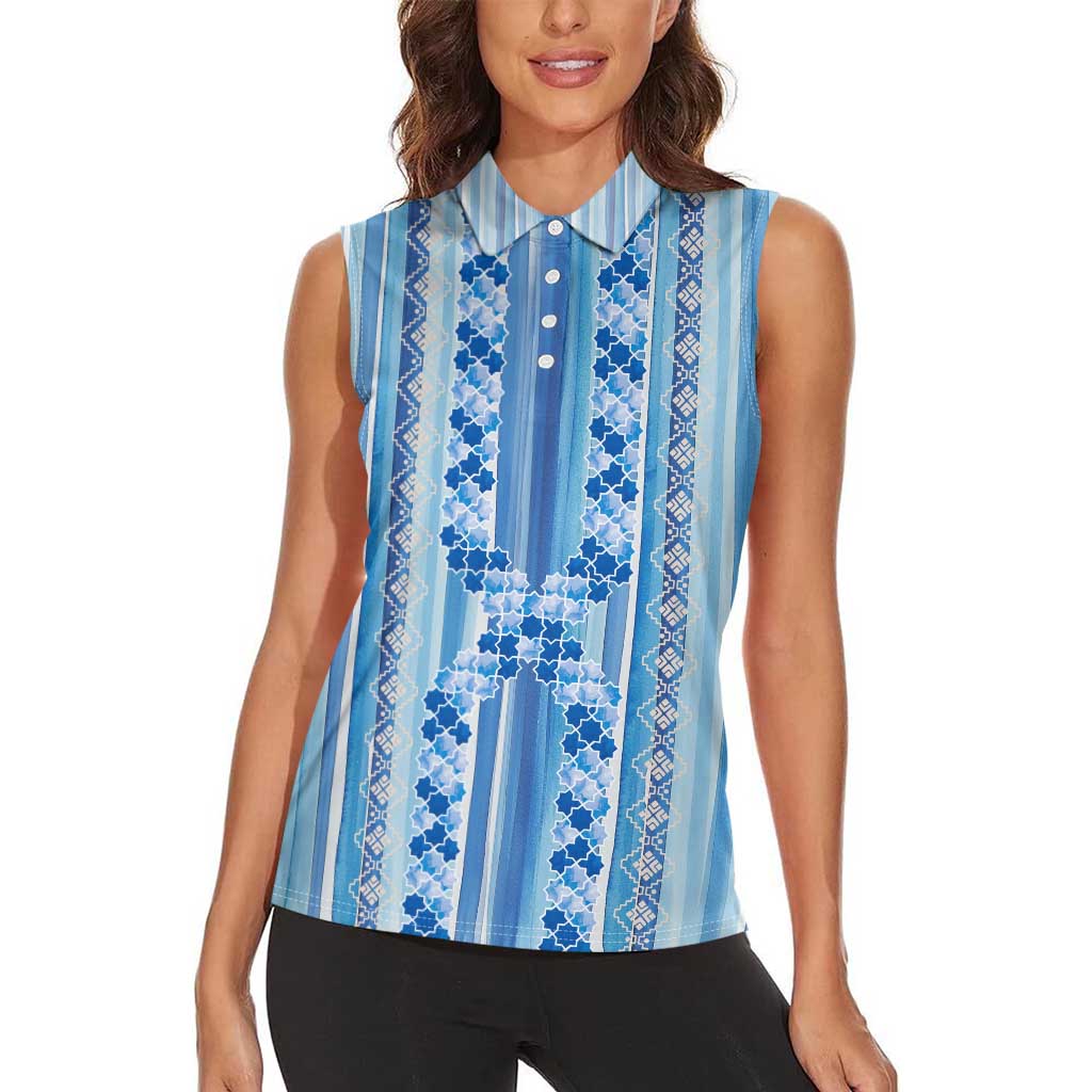 Tunisian Mosaic Pattern Women Sleeveless Polo Shirt with Blue Stripes and Traditional Tile Design
