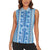 Tunisian Mosaic Pattern Women Sleeveless Polo Shirt with Blue Stripes and Traditional Tile Design