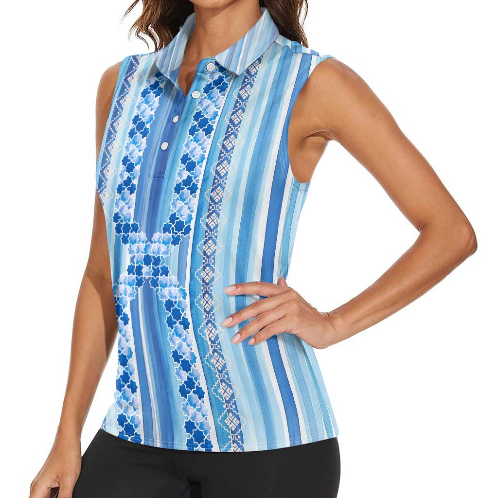 Tunisian Mosaic Pattern Women Sleeveless Polo Shirt with Blue Stripes and Traditional Tile Design
