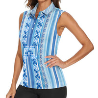 Tunisian Mosaic Pattern Women Sleeveless Polo Shirt with Blue Stripes and Traditional Tile Design