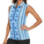 Tunisian Mosaic Pattern Women Sleeveless Polo Shirt with Blue Stripes and Traditional Tile Design