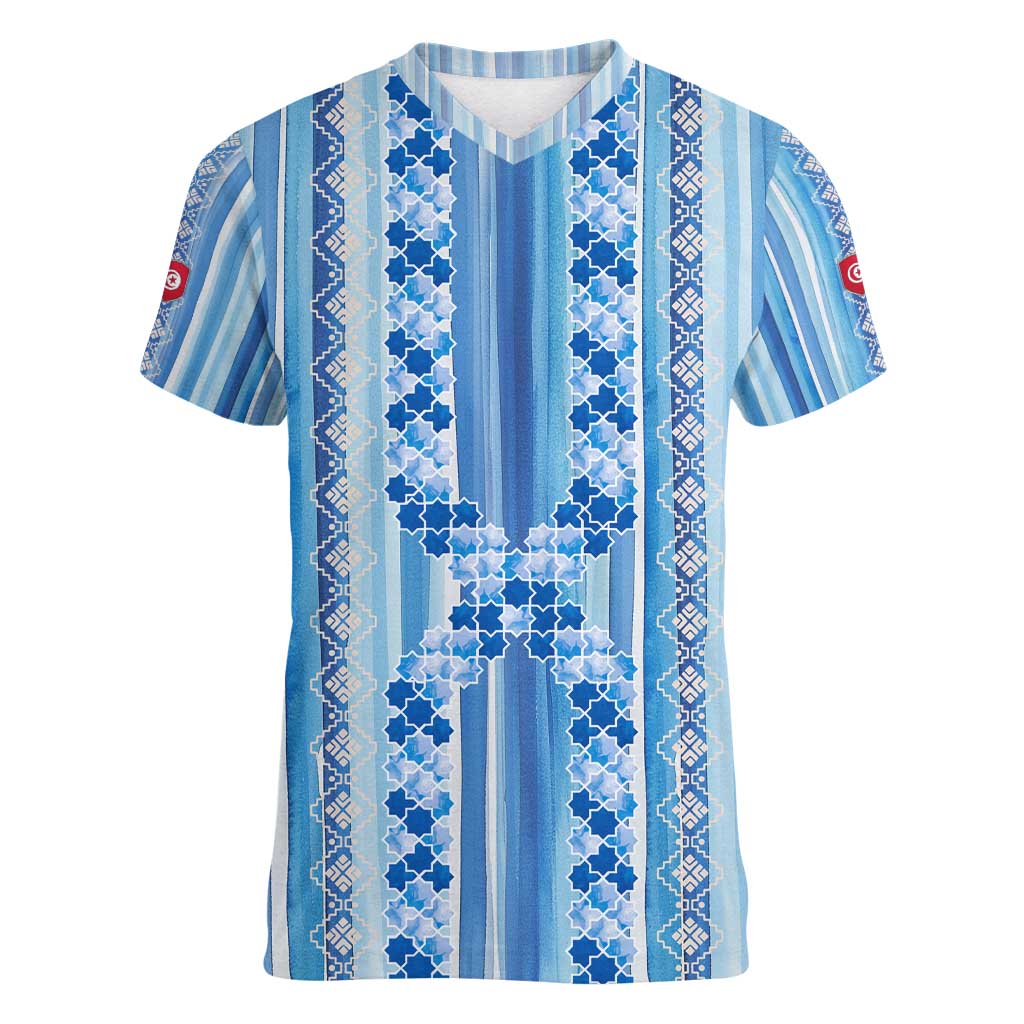 Tunisian Mosaic Pattern Women V-Neck T-Shirt with Blue Stripes and Traditional Tile Design