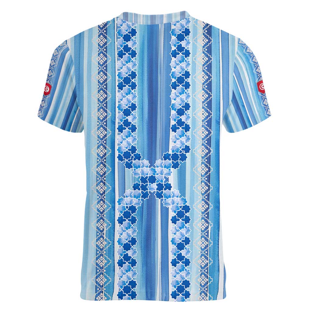 Tunisian Mosaic Pattern Women V-Neck T-Shirt with Blue Stripes and Traditional Tile Design