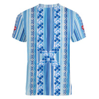 Tunisian Mosaic Pattern Women V-Neck T-Shirt with Blue Stripes and Traditional Tile Design