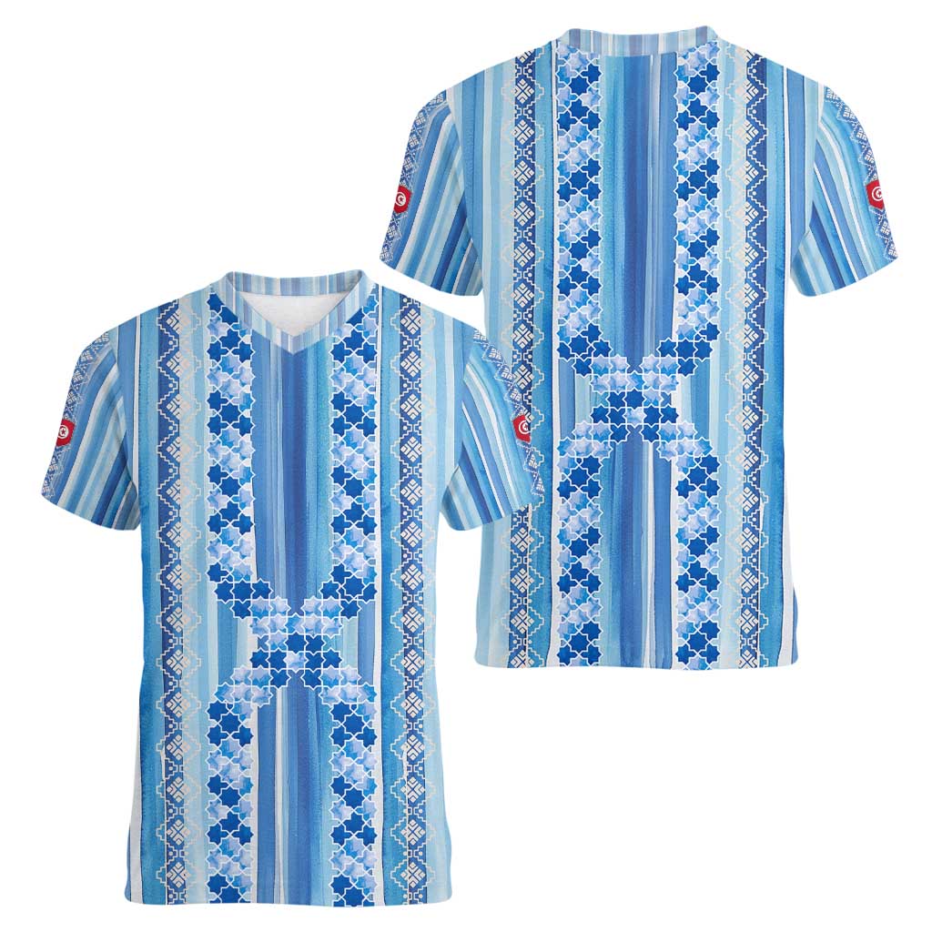 Tunisian Mosaic Pattern Women V-Neck T-Shirt with Blue Stripes and Traditional Tile Design
