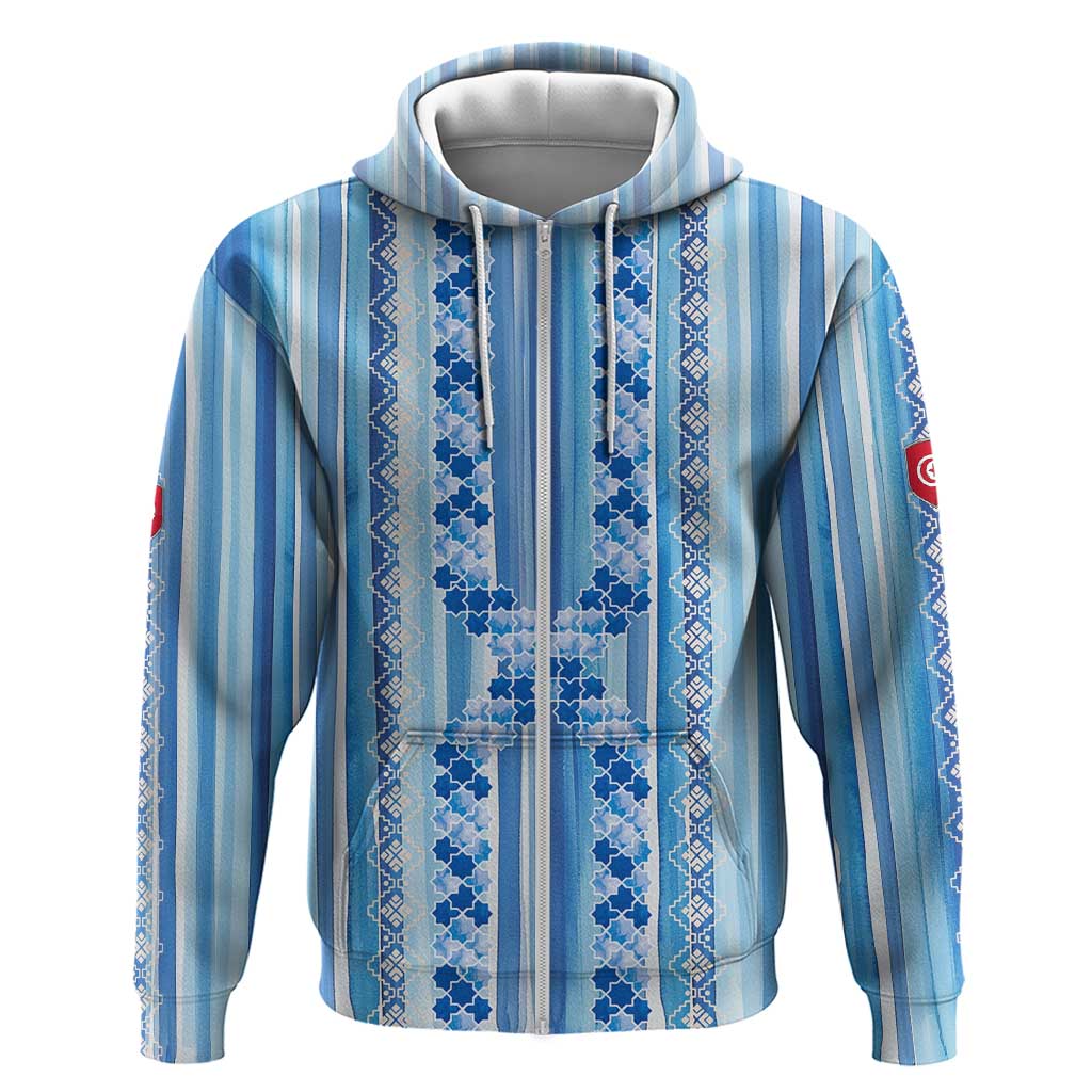 Tunisian Mosaic Pattern Zip Hoodie with Blue Stripes and Traditional Tile Design