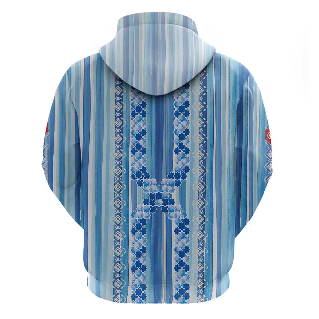 Tunisian Mosaic Pattern Zip Hoodie with Blue Stripes and Traditional Tile Design