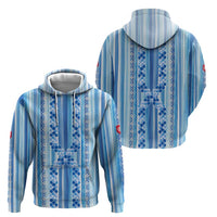 Tunisian Mosaic Pattern Zip Hoodie with Blue Stripes and Traditional Tile Design