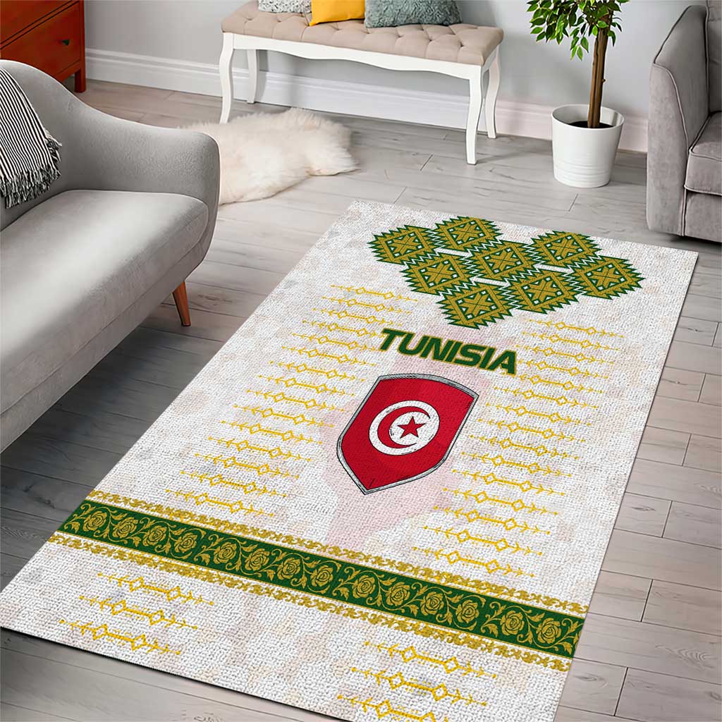 Tunisia Flag Traditional Tribal Pattern Green and White Pullover Area Rug with National Crest and Emblem