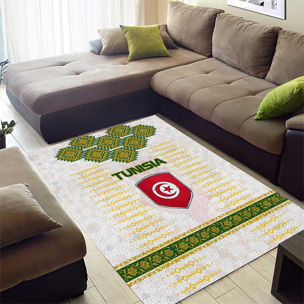 Tunisia Flag Traditional Tribal Pattern Green and White Pullover Area Rug with National Crest and Emblem