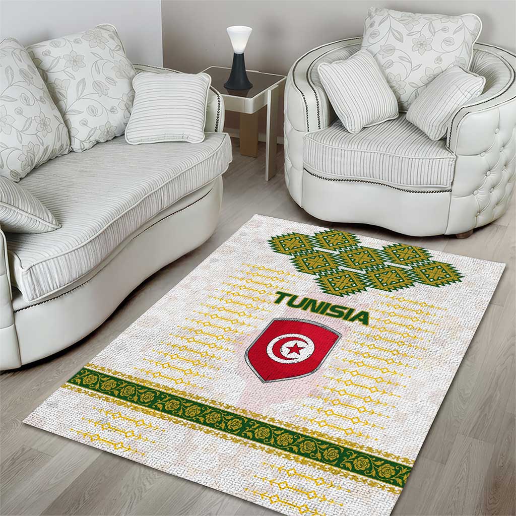 Tunisia Flag Traditional Tribal Pattern Green and White Pullover Area Rug with National Crest and Emblem