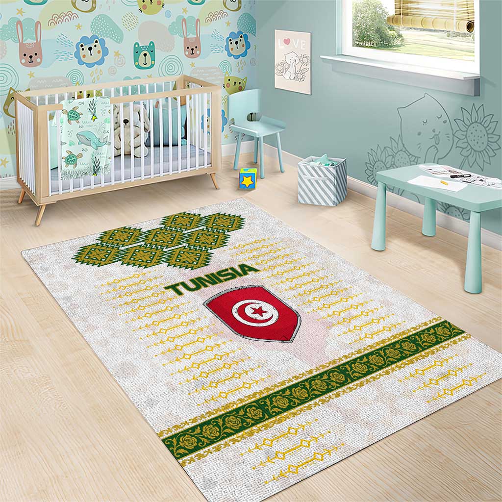 Tunisia Flag Traditional Tribal Pattern Green and White Pullover Area Rug with National Crest and Emblem
