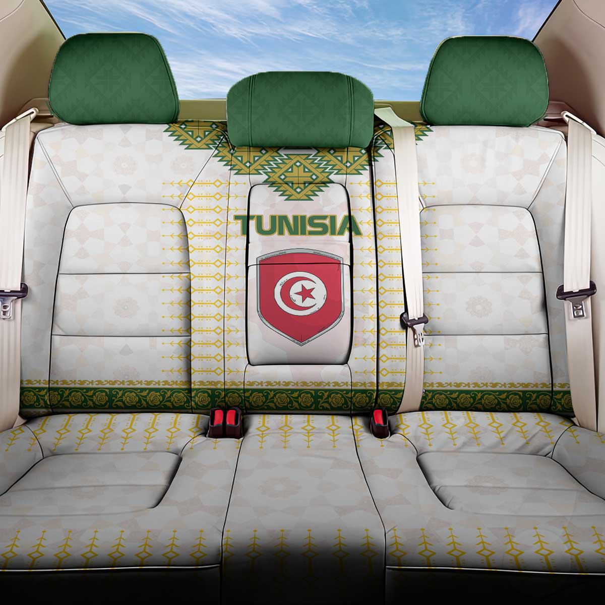 Tunisia Flag Traditional Tribal Pattern Green and White Pullover Back Car Seat Cover with National Crest and Emblem